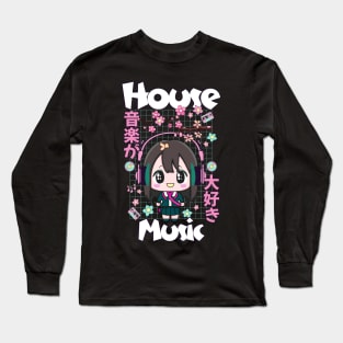 HOUSE MUSIC - Cute Kawaii Character (white/pink/mint) Long Sleeve T-Shirt